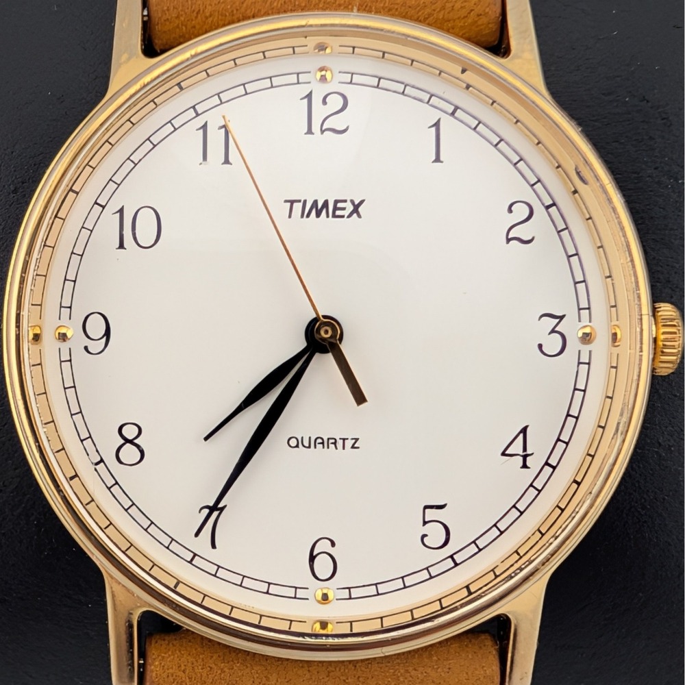 Timex Classic Minimalist White Dial Gold Tone Quartz Tan Leather Strap Watch - Picture 2 of 10
